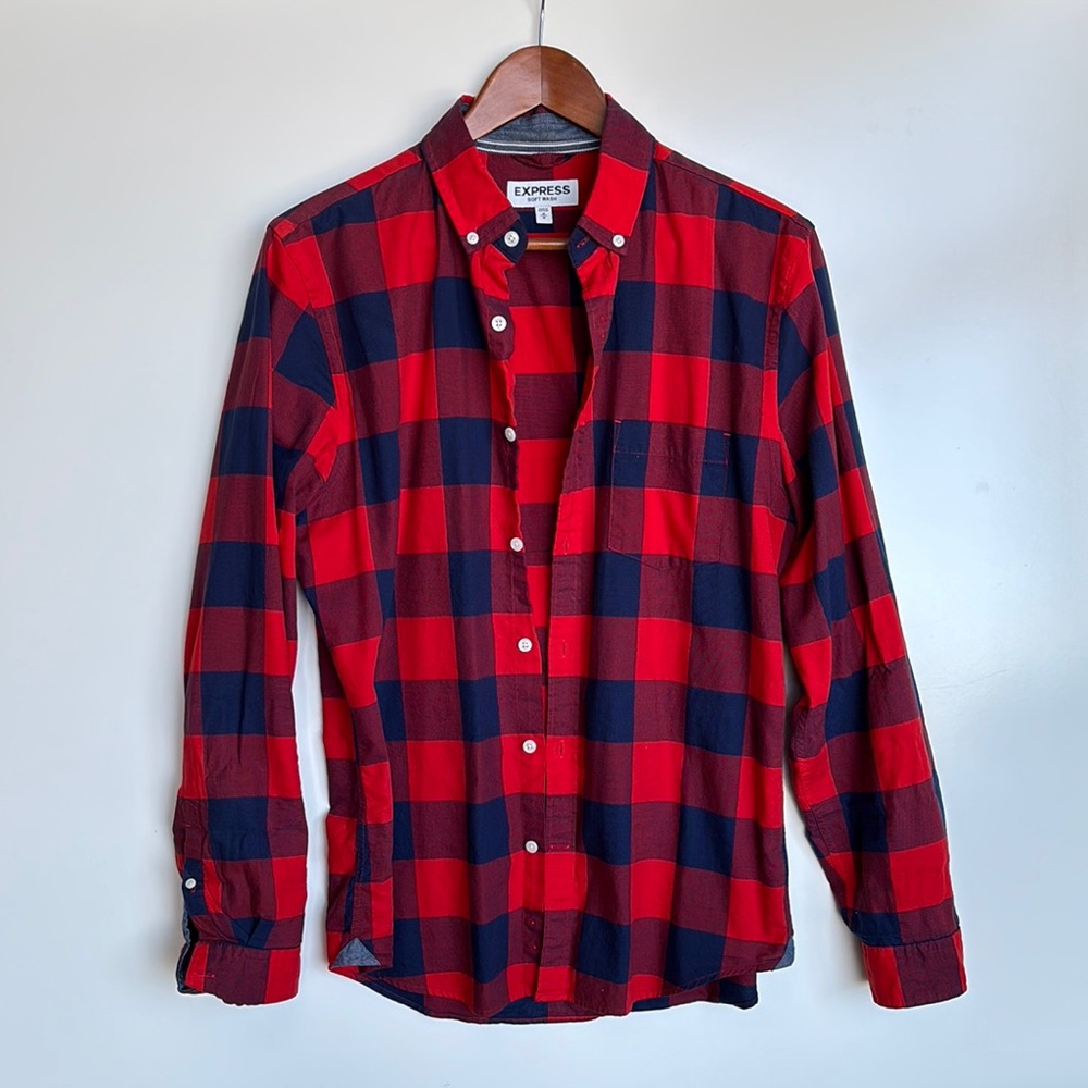 Express Red and Navy Plaid Casual Shirt